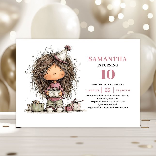 Söt Whimsy Flickas 10-års Födelsedagsinbjudan Rosa Inbjudningar (Cute Whimsy Girl 10th Birthday Invite Pink)