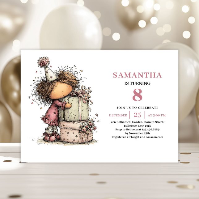 Söt Whimsy Flickas 8-års Födelsedagsinbjudan Desig Inbjudningar (Cute Whimsy Girl 8th Birthday Invitation Design)