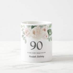Söt White Blommigt Kvinna 90:e födelsetal Kaffemugg