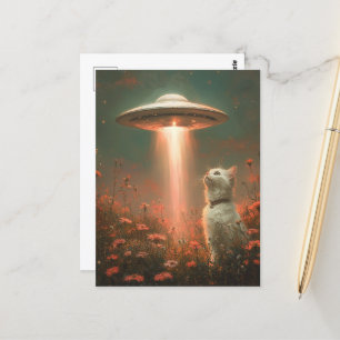 Söt White Cat och UFO Vykort