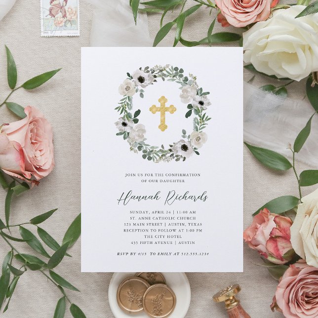 Söt White Flowers Grönt Löv | Bekräftelse Inbjudningar (Skapare uppladdad)