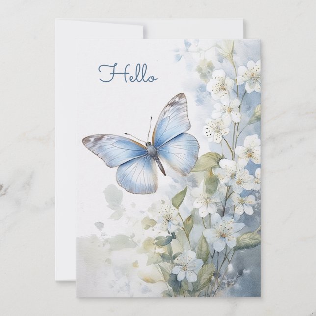 Söt White Flowers och Blue Butterfly Hej Flat Kort (Framsida)