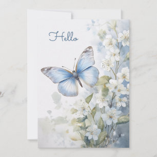 Söt White Flowers och Blue Butterfly Hej Flat Kort