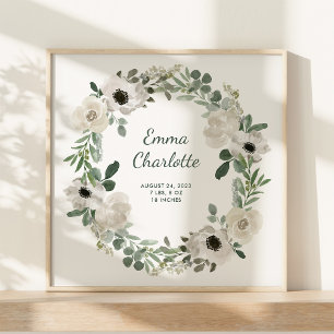 Söt White Flowers och Greenery Baby Birth Stats Poster