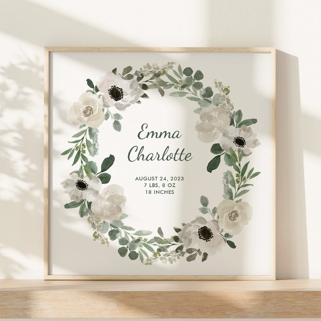 Söt White Flowers och Greenery Baby Birth Stats Poster (A pretty, white floral watercolor wreath poster with your newborn baby's birth stats)