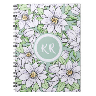 Söt White Grönt Blommigt Flowers Löv Monogram Anteckningsbok
