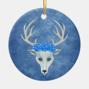 Söt White Hjort Head Antlers Ro på Blue Julgransprydnad Keramik