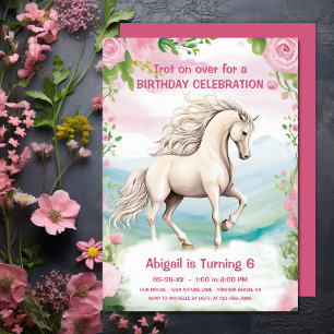 Söt White Horse and Rosa Flowers Birthday Inbjudningar
