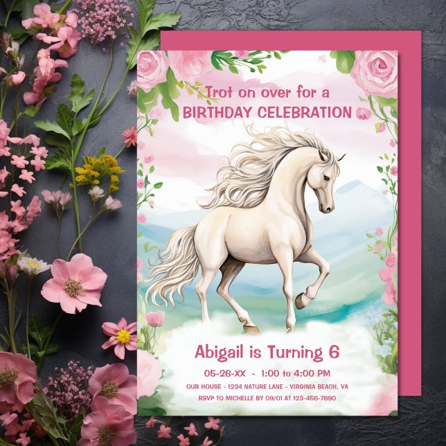Söt White Horse and Rosa Flowers Birthday Inbjudningar (Pretty White Horse and Pink Flowers Birthday Invitation)