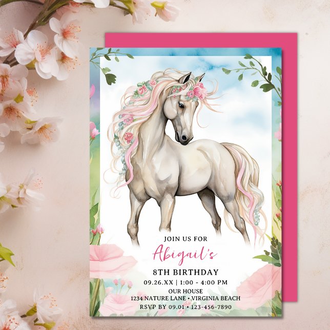 Söt White Horse and Rosa Flowers Birthday Inbjudningar (Pretty White Horse and Pink Flowers Birthday Invitation)