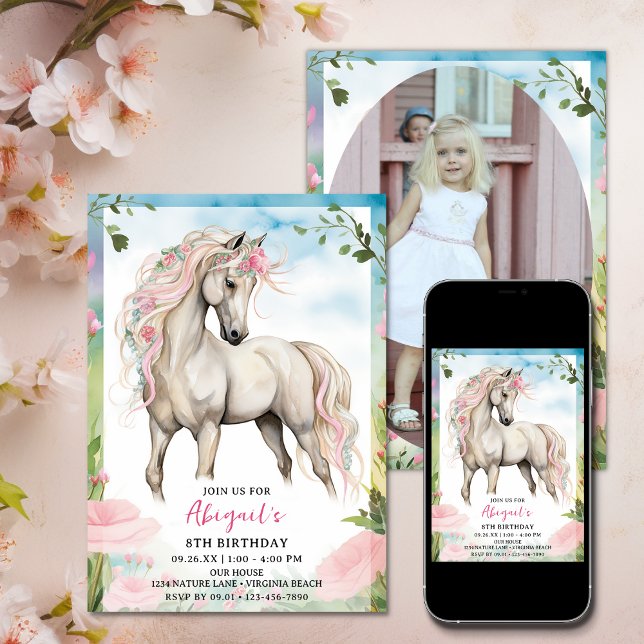Söt White Horse and Rosa Flowers Photo Birthday Inbjudningar (Pretty White Horse and Pink Flowers Photo Birthday Invitation)