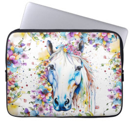 Söt White Horse Blommigt Lila och Rosa Laptop Fodral