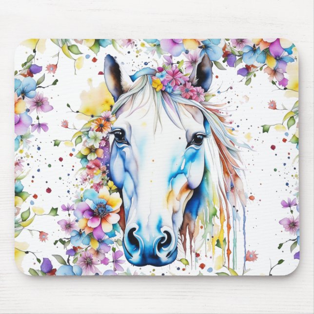 Söt White Horse Blommigt Lila och Rosa Musmatta (Framsidan)