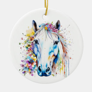 Söt White Horse Blommigt Personlig Julgransprydnad Keramik