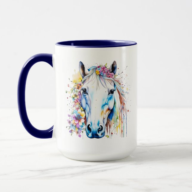 Söt White Horse Blommigt Personlig Mugg (Vänster)