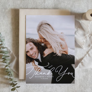 Söt White Modern Calligraphy Photo Bröllop Tack Kort