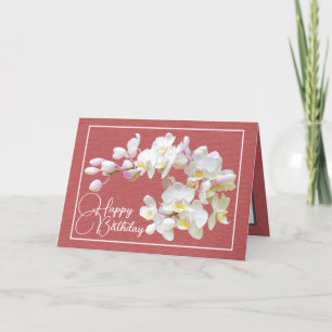 Söt White Orchid Red BackDrop Grattis på födelseda Kort