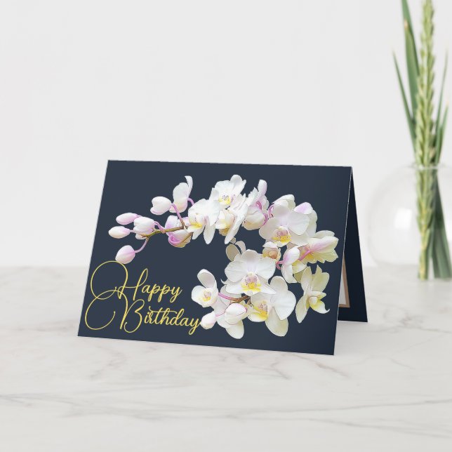 Söt White Orchids Navy BackDrop Grattis på födelse Kort (Framsida)