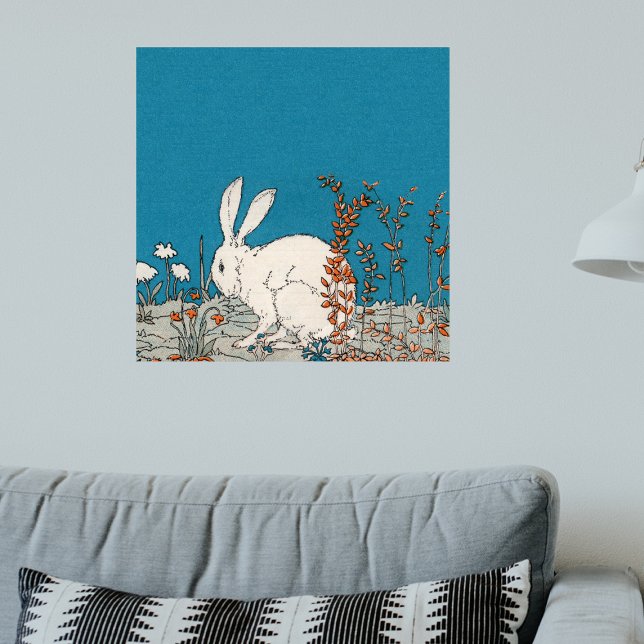 Söt White Rabbit sitta i Blommor på Blue Poster (Pretty white rabbit sitting among orange and white flowers on blue artwork wall poster.)
