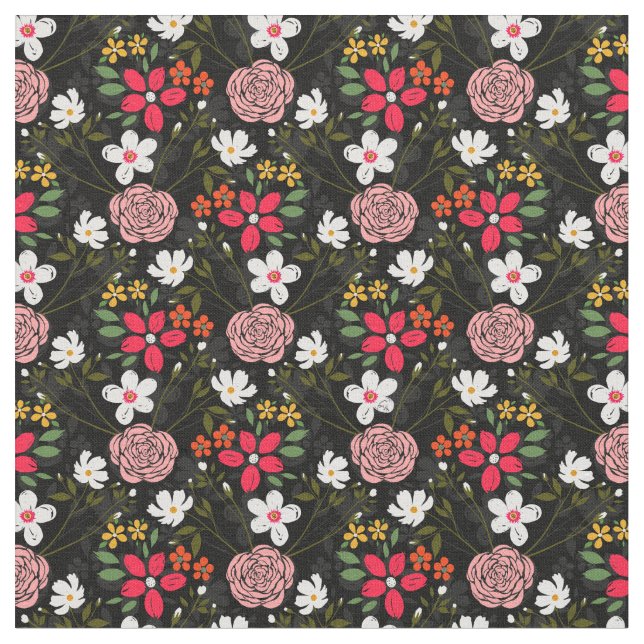 Söt White Rosa Blommigt Black Push Strokes Tyg (Närbild)