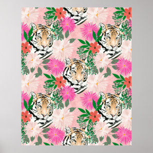 Söt White Rosa Tiger Blommigt Painting Poster