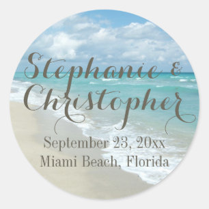 Söt White Sand Beach Wedding Favor Runt Klistermärke
