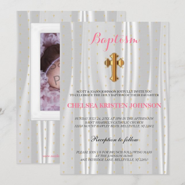 Söt White Satin Baptism/Christening Inbjudningar (Fram/baksida)