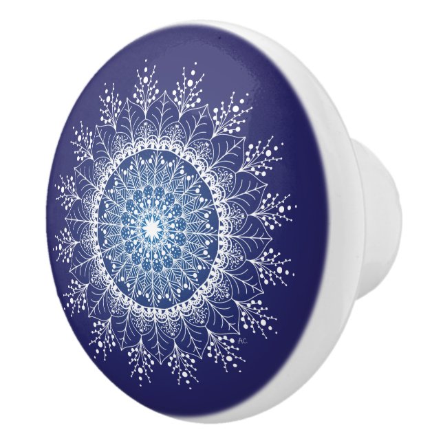 Söt White Snowflake Mandala Blue Ceramic Knob Knopp (Höger)