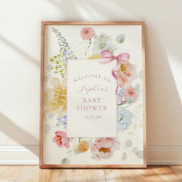 Söt Wildblommes Rosa Bow Baby Shower Välkommen Poster