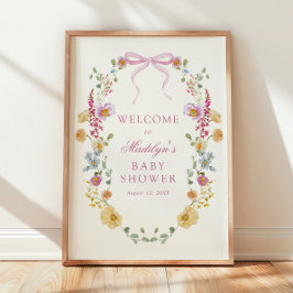 Söt Wildblommes Rosa Bow Baby Shower Välkommen Poster