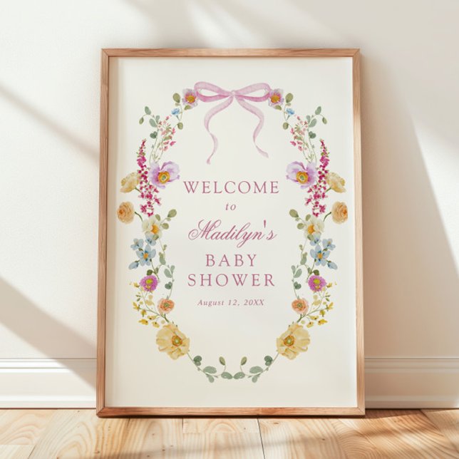 Söt Wildblommes Rosa Bow Baby Shower Välkommen Poster (Skapare uppladdad)