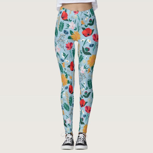 Söt Wildblommor Botanical Blue Leggings (Framsida)