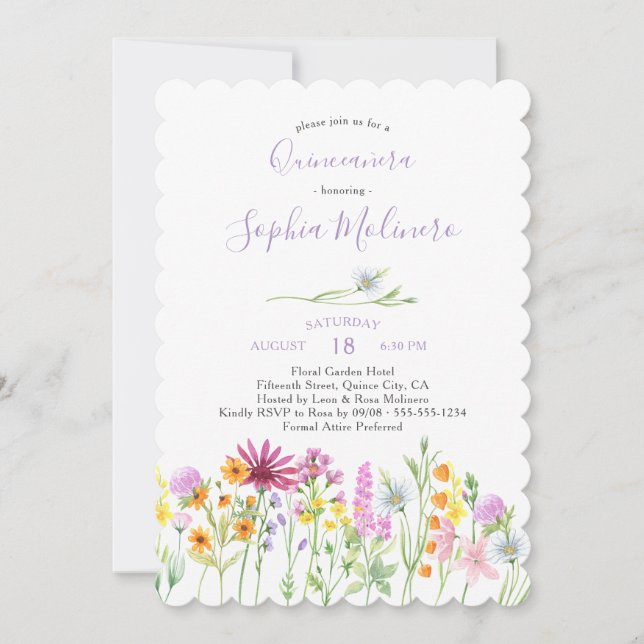 Söt Wildblommor Feminine Watercolor Quinceanera Inbjudningar (Framsida)