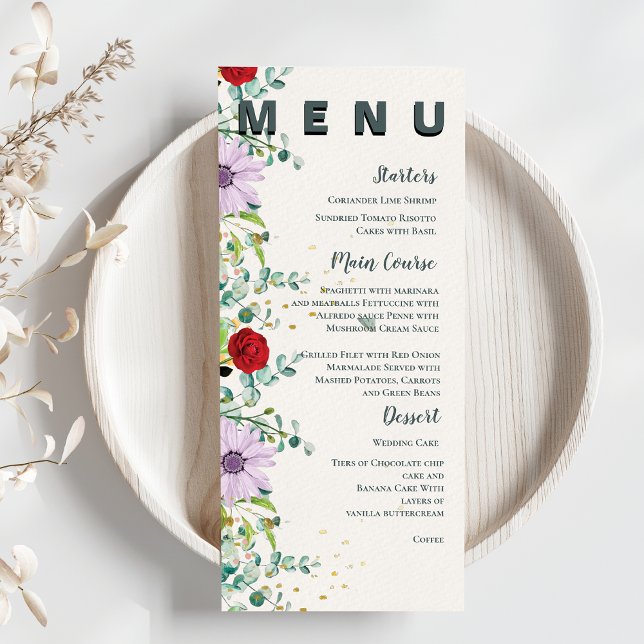Söt Wildblommor Watercolor Blommigt Bröllopsfest Meny (Pretty Wildflowers Watercolor Floral Wedding Party Menu)
