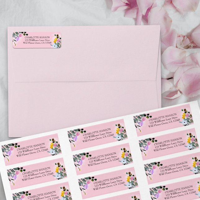 Söt Wildblommors Rosa Returadressetikett Returadress Etikett (Pink return address labels from my Wildflower Lawn Collection.)