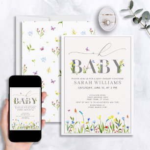 Söt WildblomOh Baby Script Girl Baby Shower Inbjudningar