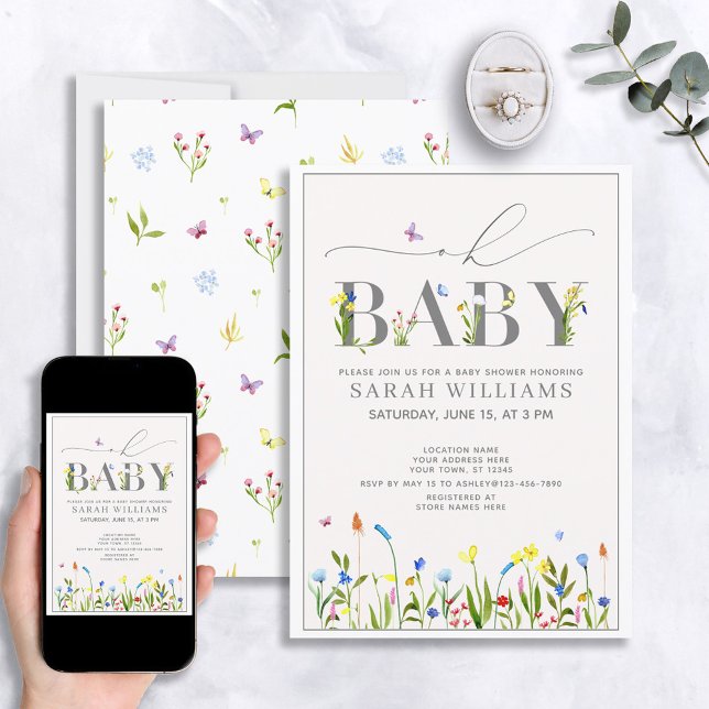 Söt WildblomOh Baby Script Girl Baby Shower Inbjudningar (Skapare uppladdad)