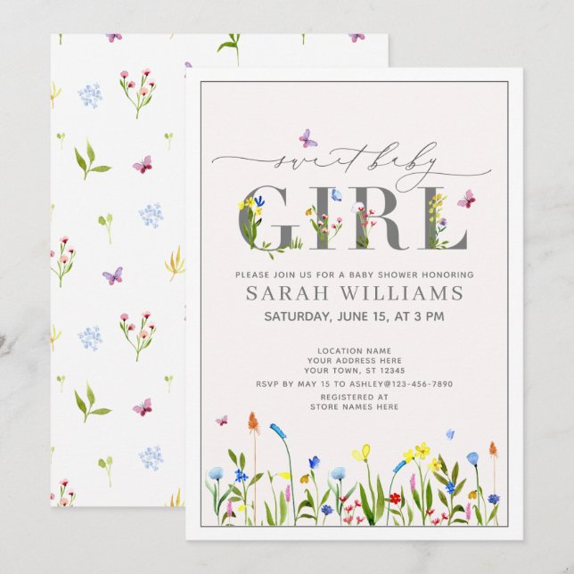 Söt Wildblomsöt Flicka-skript Shower Inbjudningar (Fram/baksida)