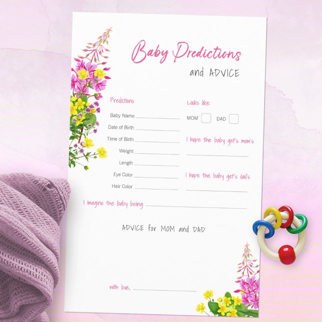 Söt Wildblomsterbabyskor Förutsägelsespel (Wildflower Baby Shower Predictions and Advice ©Susanne Sachers - Sunny Mind Design 🌞)