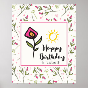 Söt Wildlblommor och Sol Illustration Birthday Poster