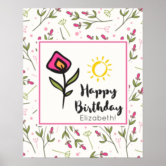 Söt Wildlblommor och Sol Illustration Birthday Poster (Framsidan)