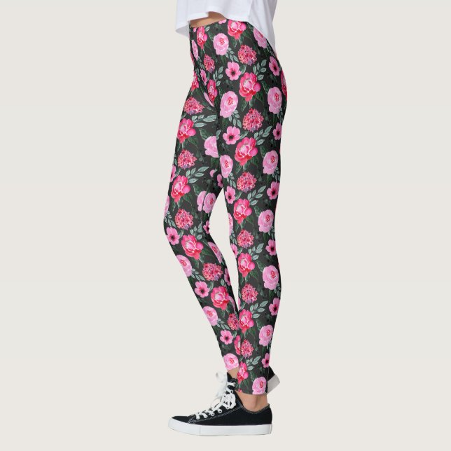 Söt Winter Grått Rosa Blommigt Watercolor Mönster Leggings (Vänster)