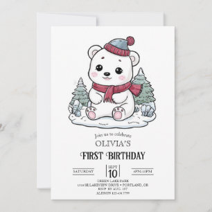 Söt Winter Polar Bear 1:a födelsedag Digital Inbjudningar