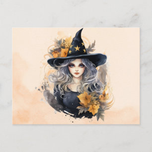 Söt Witch Black Hat Stars Guld Halloween Helg Vykort