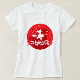 Söt Witch Flies Broom i Red Night T Shirt