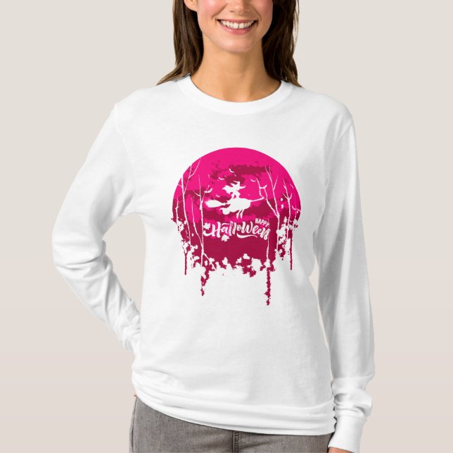 Söt Witch Flies Broom mot Full Moon T Shirt (Framsida)