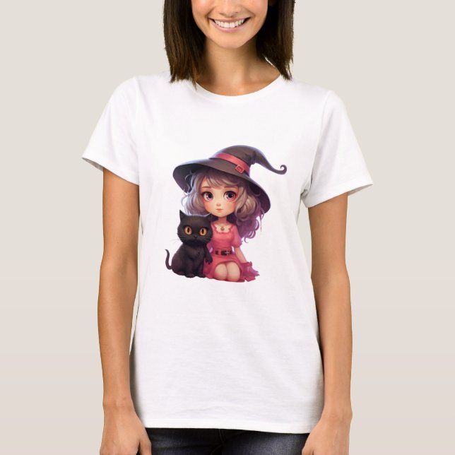 Söt Witch med en svart katt Halloween T Shirt (Framsida)