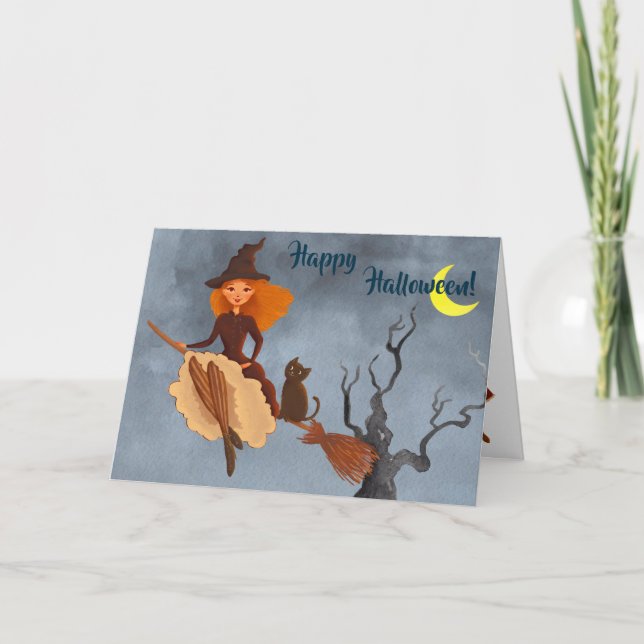 Söt Witch och Cat på Broom Halloween Card Kort (Framsida)
