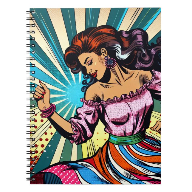 Söt Woman Dancing Salsa Pop Art Anteckningsbok (Framsidan)