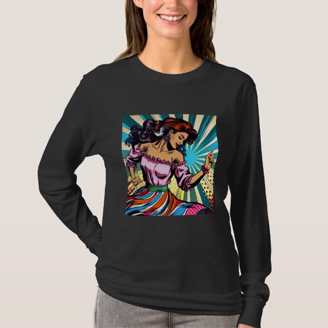 Söt Woman Dancing Salsa Pop Art T Shirt (Framsida)